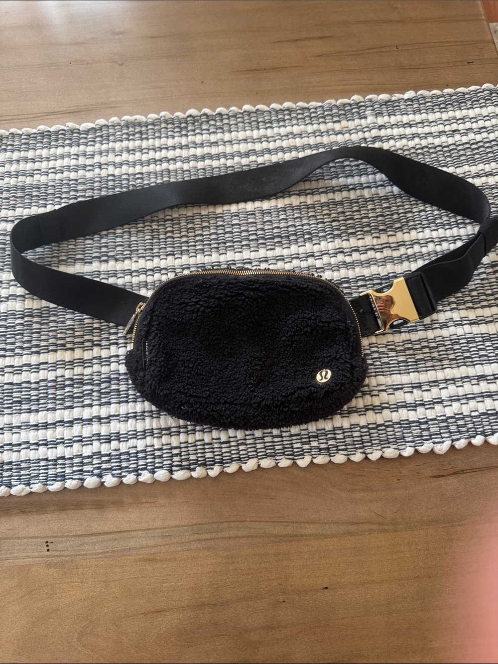 lululemon athletica Black Sherpa Waist Pack with Gold Buckle